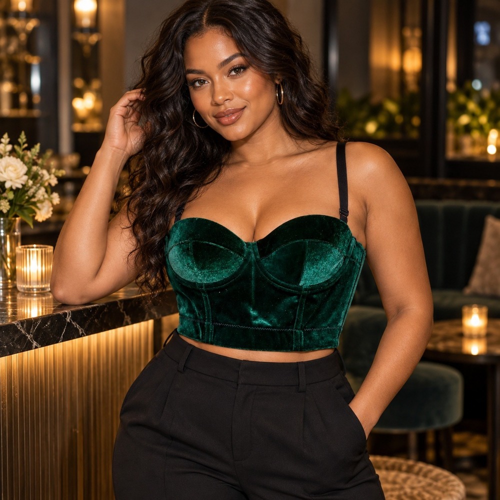 MICAS Corset Top Women XXS Green Velvet Bustier Padded Underwire Cropped Tank